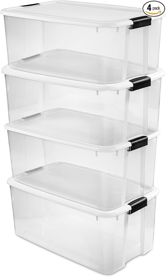 51LxxFibAJL._AC_SX569_PIbundle-4TopRight00_SH20_.jpg Sterilite 4-Pack Ultra Latching Box, Storage Bins with Lids, Clear Plastic, 116 Quart – Heavy-Duty Organizing Containers for Closet, Bathroom, and Office - Image 1