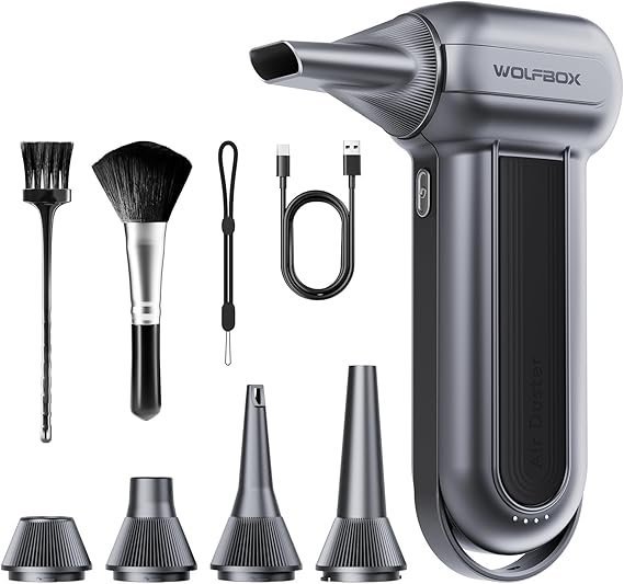 71-GXbysmKL._AC_SX569_.jpg WOLFBOX MF100 Electric Air Duster-150000RPM Super Power Cordless Air Duster, Rechargeable Brushless Motor Durable Blower, 3-Gear Adjustable Dust Blower for Computer, Keyboard, Outdoor, House and Car - Image 1