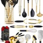 Black and Gold Kitchen Utensils Set – 23-Piece Luxury Kitchen Accessories Includes Gold Measuring Cups, Spoons, Silicone Cooking Utensils and Tools for Baking, Cooking, and Stylish Kitchen Decor