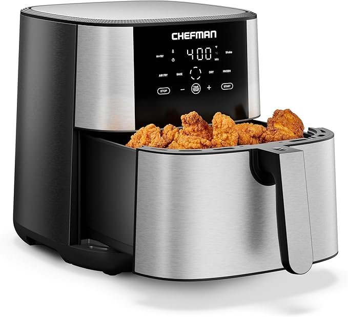 71VzGtbzyFL._AC_SX679_.jpg Chefman Air Fryer 8 Qt | TurboFry® 4-in-1 with 450°F Hi-Fry Option for Crispier Results | Bake, Dehydrate, Frozen | XL Nonstick Dishwasher-Safe Basket | Stainless Steel - Image 1