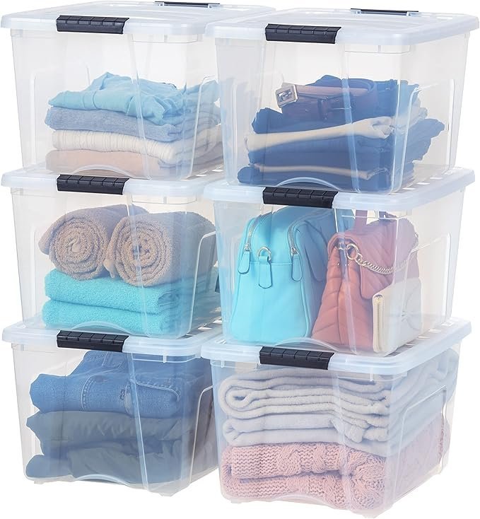 81C2C4R6dIL._AC_SX679_.jpg IRIS USA 40 QT Plastic Storage Box with Lid and Latches – 6 Pack – BPA-Free, See-Through Organizing Solution, Durable Nestable Stackable Containers, Secure Pull Handle – Clear - Image 1