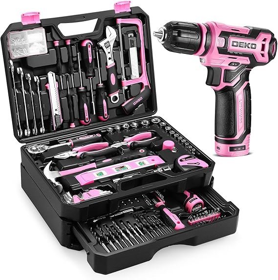81VNaeQU0lL._AC_SX569_.jpg Pink Tool Kit Box Drill Set:DEKOPRO Home Mechanic Toolbox with 12V Power Cordless Drill Hand Repair Tools Sets Combo Kits Storage Organizer Drawer Case for Men & Women - Image 1