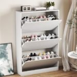 BORNOON Shoe Cabinet with 3 Flip Drawers, Hidden Wood Shoe Cabinet,Freestanding Shoe Storage Cabinet for Entryway Hallway.White. 47.2″ H*31.5″ W*9.45″ D.