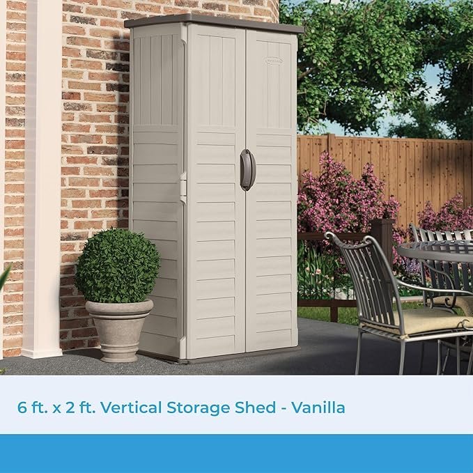 81Z6KYavBL._AC_SX679_.jpg Suncast Vertical Outdoor Storage Shed with All-Weather Construction, Vanilla - Image 1