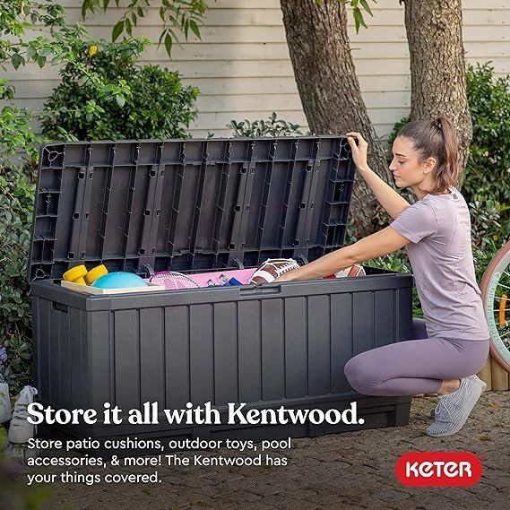 91IuOsOwfUL._AC_SX569_-1.jpg PatioZen 100 Gallon Resin Deck Box, Lockable Patio Outdoor Storage Box for Furniture, Garden Tools and Tools Storage, Waterproof Outside Storage Boxes – Black - Image 1