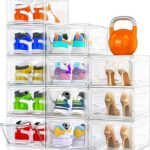 12 Pack Clear Shoe Storage Organizer with Magnetic Door,Stackable Plastic Shoe Boxes for Sneakers,Boots,and Heels,Space-Saving Foldable Shoe Rack for Closet,Durable Shoe Cabinet Organizer,White