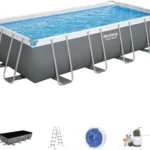 Bestway Power Steel 18′ x 9′ x 48″ Rectangular Metal Frame Above Ground Outdoor Swimming Pool Set with 1,500 GPH Filter Pump, Ladder, and Pool Covers